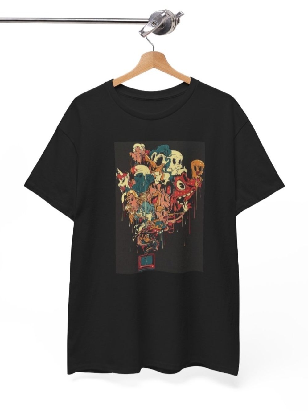 Gildan Black Short Sleeve Tee with Multicolor Retro Dripping Cartoon Print